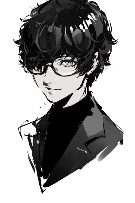 01336-2422365019-persona (_style_), amamiya ren, 1boy, male focus, monochrome, glasses, solo, simple background, greyscale, smile, looking at vie.png